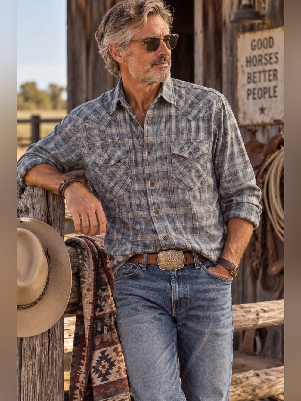 Wrangler Men’s M Gray Plaid Western Shirt Pearl Snap Cowboy Ranch Grandpa Core